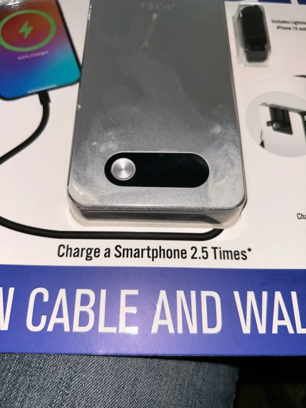 Portable Charger Power Bank with Built-In Cable and Wall Plug - Silver